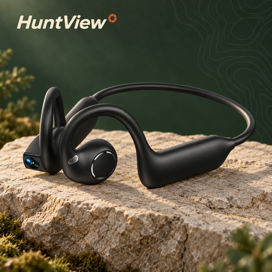 HuntView black hands-free POV camera on a stone outdoors